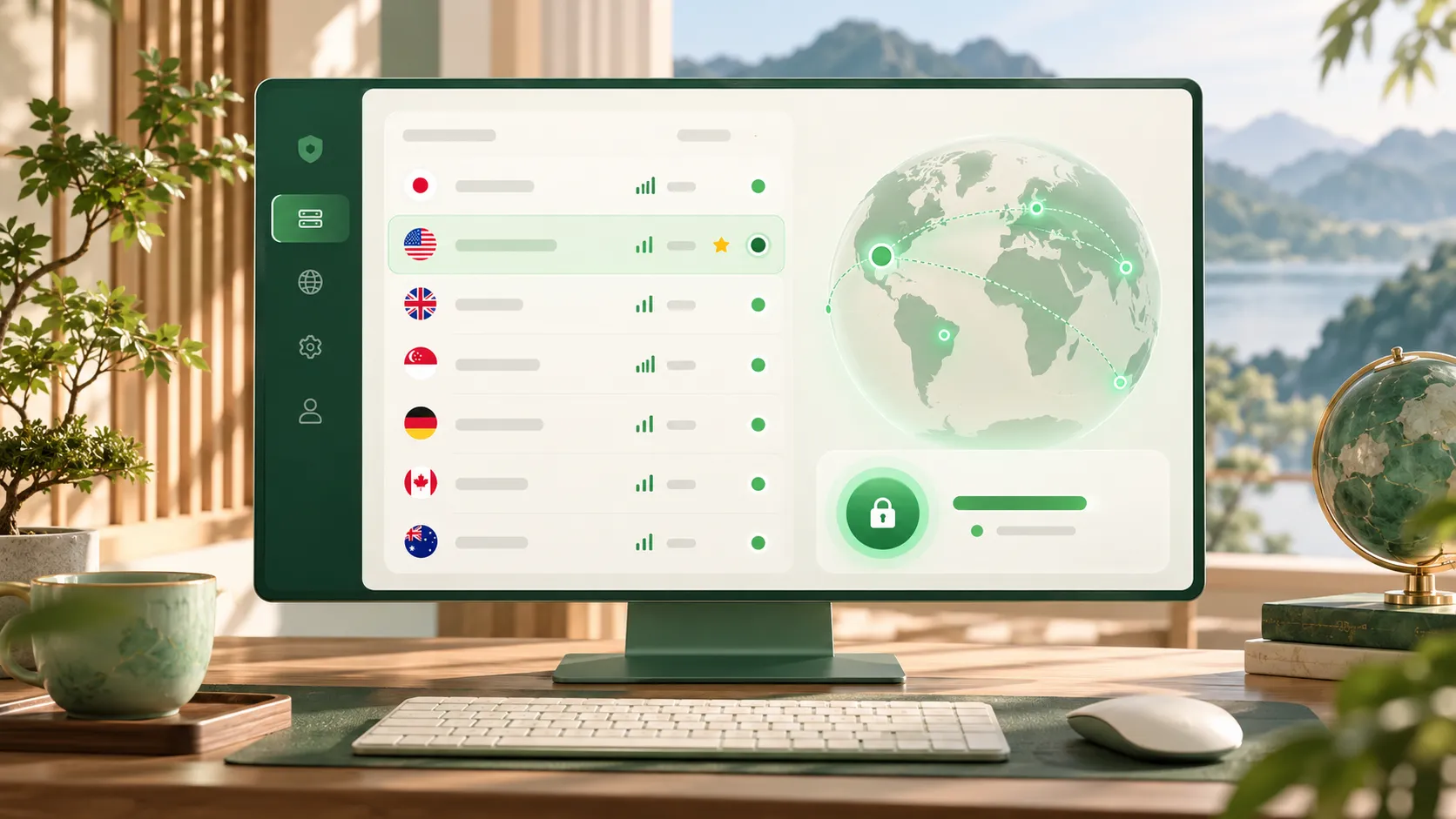 绿茶 VPN 节点列表与实时延迟显示界面，展示按地区分组的节点与延迟数值