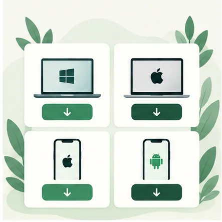 绿茶 VPN Windows、macOS、iOS 和 Android 多端设备下载示意图