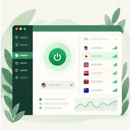 绿茶 VPN 客户端连接状态与全球节点界面示意图